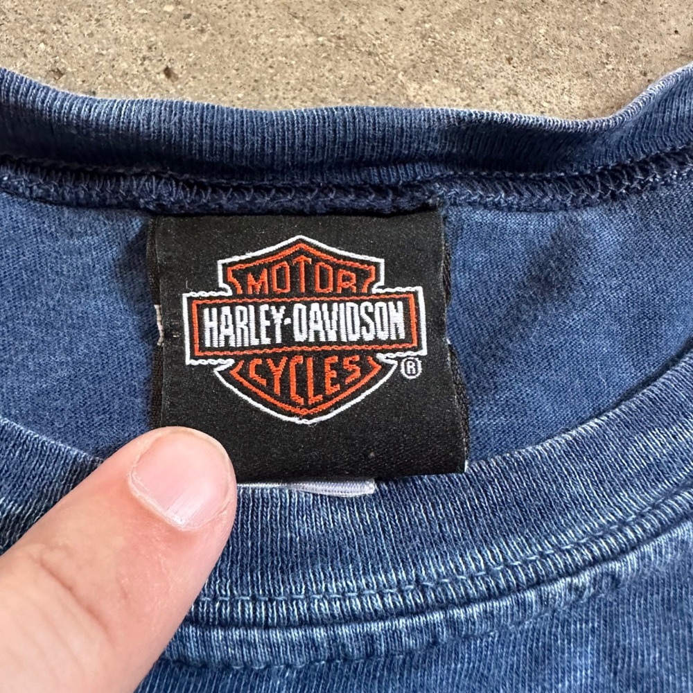 VTG Y2K Harley Davidson Mens L Blue Flame Wash Long Sleeve Smoky Mountain TN - Picture 3 of 8
